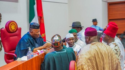 Nigerian senators with Senate President Godswill Akpabio (left) [Tope Brown]