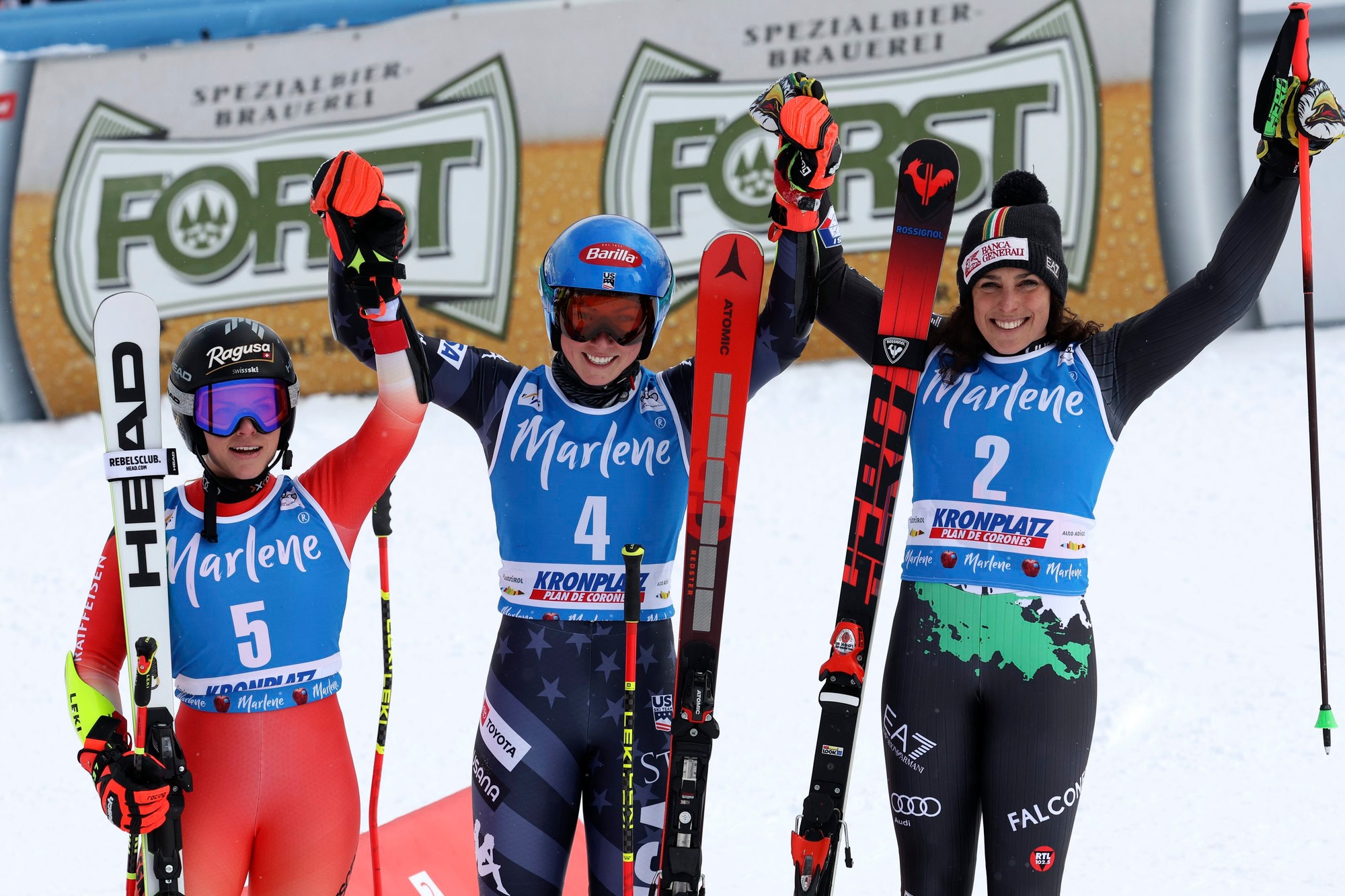 Lyžiarky Lara Gut Behrami, Mikaela Shiffrin a Federica Brignone.