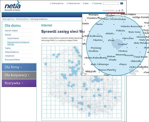 Na stronie Netii na szczegółowej mapie można sprawdzić dostępność usługi bezprzewodowego dostępu do internetu w technologii WiMAX