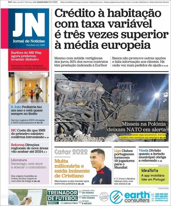 "Pociski w Polsce alarmują NATO" - "Jornal de Noticias"