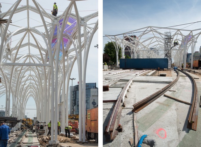 Łódzki Centralny przystanek przesiadkowy jest częścią modernizacji trasy W-Z wartej 741 mln zł. Będzie to miejsce w którym mieszkańcy Łodzi będą się mogli przesiadać w komfortowych warunkach z komunikacji miejskiej na trasie wschód-zachód i północ-południe.<br><br>fot. (ukit) PAP/Grzegorz Michałowski