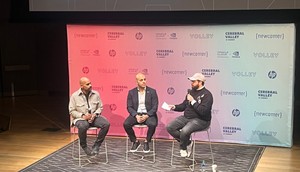 MosaicML Co-founder Naveen Rao and Databricks CEO Ali Ghodsi speaking to journalist Eric Newcomer at the Cerebral Valley AI SummitDarius Rafieyan/Business Insider