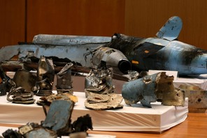 Remains of the missiles which Saudi government says were used to attack an Aramco oil facility, are displayed during a news conference in Riyadh