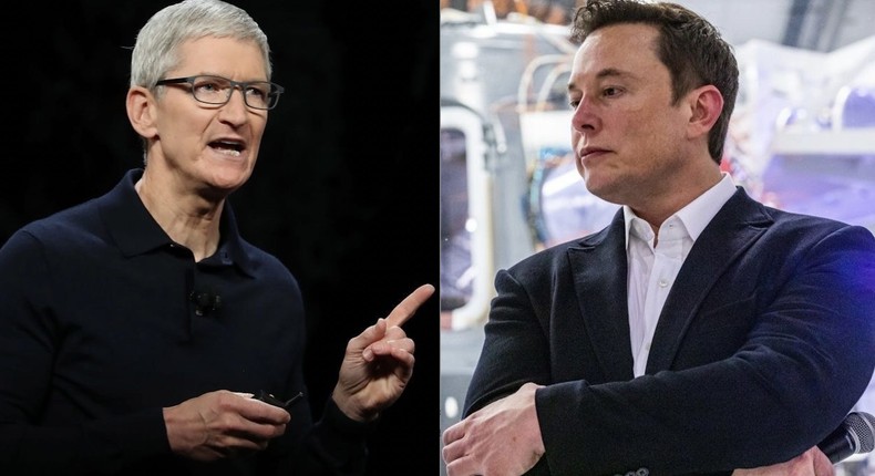 Tim Cook and Elon Musk.Justin Sullivan/Getty Images and Philip Pacheco/AFP via Getty Images