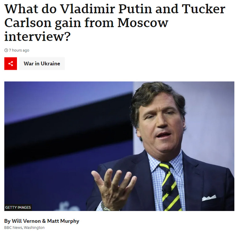 Nagłówek BBC. "Co Władimir Putin i Tucker Carlson zyskują z wywiadu w Moskwie?"