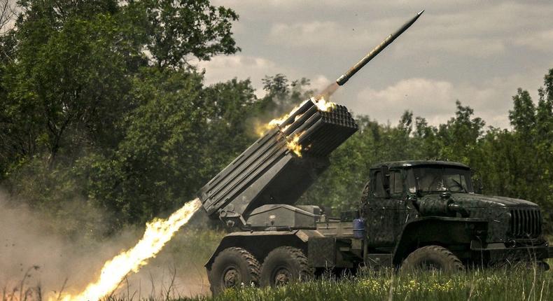 Ukrainian troops fire with surface-to-surface rockets MLRS towards Russian positions at a front line in the eastern Ukrainian region of Donbas on June 7, 2022.Aris Messinis/AFP via Getty Images