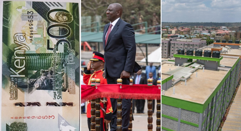 From left: A Sh500 note, President William Ruto, and housing units