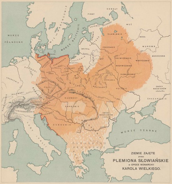 Mapa przedstawia geografię plemion słowiańskich wg Joachima Lelewela, Atlas do dziejów Polski zawierający czternaście mapek barwnych: według Lelewela i innych do użytku szkolnego, Warszawa, 1907