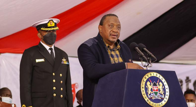 President Uhuru Kenyatta when he presided over the ground-breaking ceremony for the construction of the AMREF International University (AMIU) campus at the Ruiru Northlands in Kiambu County on July 9, 2022