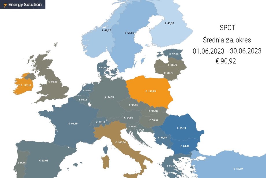 Średnia cena dostaw energii elektrycznej na rynku dnia następnego (SPOT) w czerwcu 2023 r. w Europie. (euro/MWh)