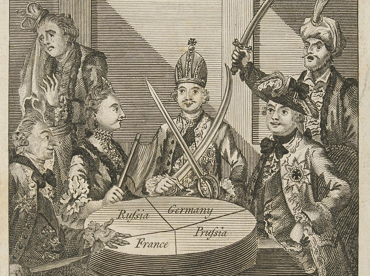 The Polish Plumb Cake, alegoria I rozbioru Polski, grafika Johna Lodge’a z 1774 r.