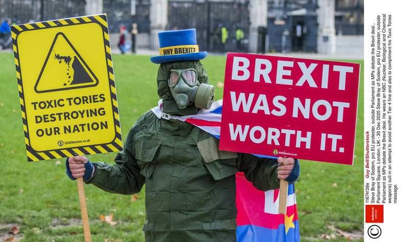 Prounijny protestujący przed parlamentem, gdy posłowie debatują nad umową brexitu, Londyn, Wielka Brytania, 30 grudnia 2020 r.