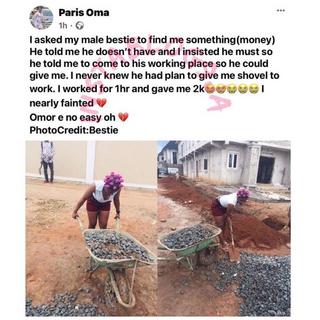 Man takes female friend to construction site &amp; used her as labourer after she asked for money | Pulse Nigeria