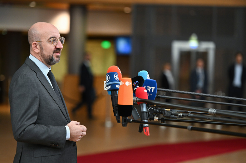 Przewodniczący Rady Europejskiej Charles Michel w drugim dniu szczytu w Brukseli. 27 października 2023 r.