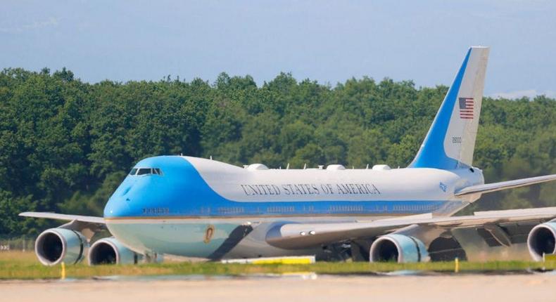 Air Force One lands at Cointrin airport as US President Joe Biden arrives in Geneva on June 15, 2021, on the eve of a US - Russia meeting.
