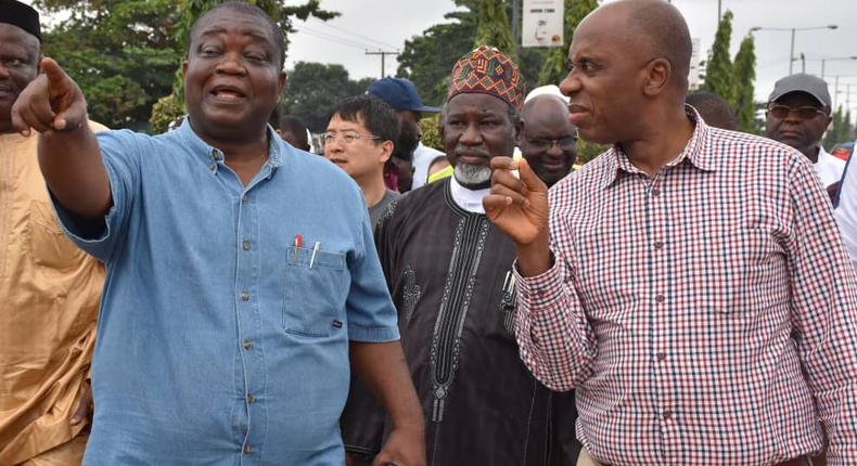 From Left, Managing Director, Nigerian Railway Corporation,Mr Fidet Okhiria, Chairman Board Of Directors Nigerian Railway Corporation,Malam Ibrahim Al-Hassan Musa And Minister Of Transportation, Rotimi Amaechi during the inspection of Lagos-Ibadan standard rail gauge on in Lagos.(NAN)