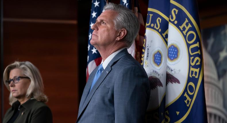 House Republican Caucus Chair Liz Cheney (R-Wyoming) at a press briefing with Minority Leader Kevin McCarthy (R-California).
