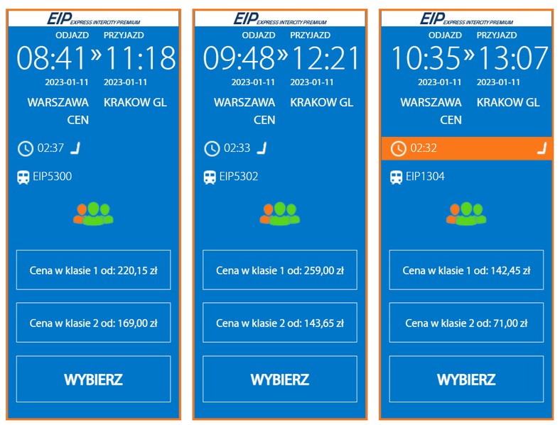 Ceny za bilety na pociąg na trasie Warszawa - Kraków 11 stycznia 