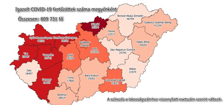 Igazol covid fertőzöttek megyénként /Fotó: koronavirus.gov.hu 