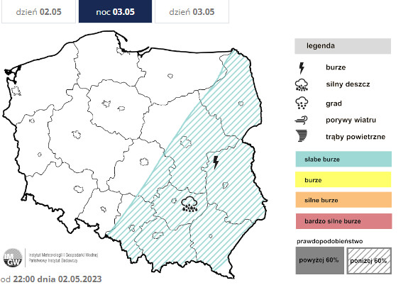 W nocy zanikające burze możliwe są na wschodzie