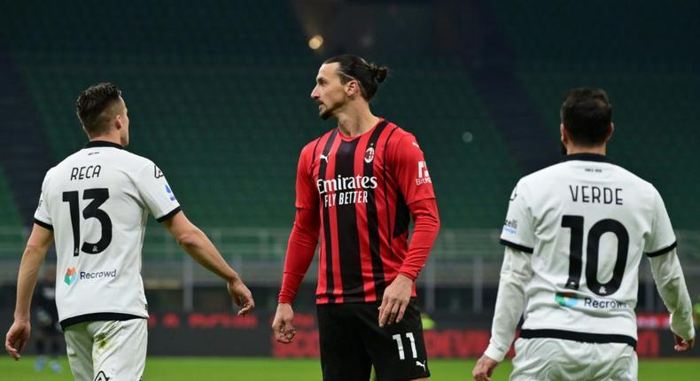 Zlatan Ibrahimovic went close three times in added time for AC Milan before Spezia scored the match-winner Creator: MIGUEL MEDINA