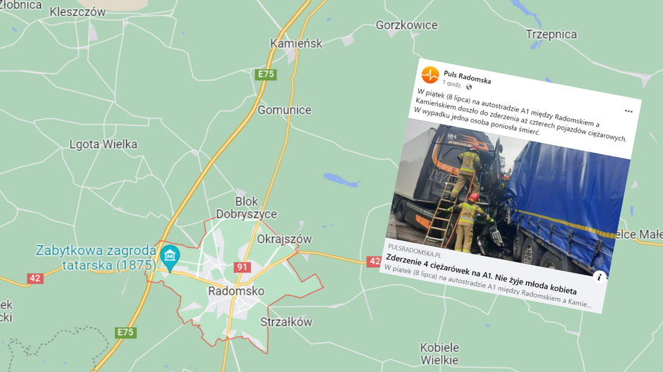 Wypadek pod Radomskiem (fot. screen z Facebook/"Puls Radomska"/KP PSP Radomsko)