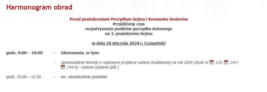 Harmonogram obrad 3. posiedzenia Sejmu X kadencji
