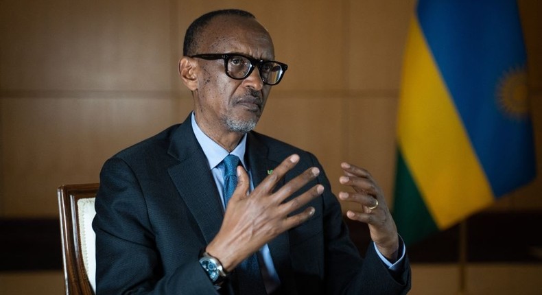 TOPSHOT - Rwanda's President Paul Kagame speaks during an interview with international media at the presidency office in Kigali, on May 28, 2021. (Photo by Simon Wohlfahrt / AFP) (Photo by SIMON WOHLFAHRT/AFP via Getty Images)