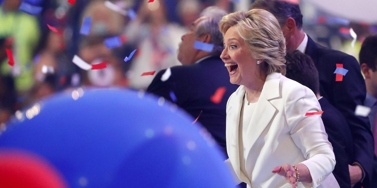 Hillary Clinton acknowledges the crowd at the end on the fourth day of the Democratic National Convention.