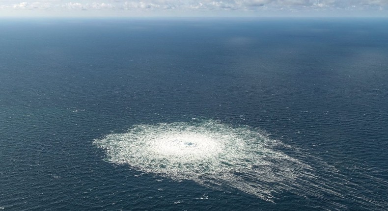 A Danish military image of a site in the Baltic Sea where natural gas from the Nord Stream pipeline is rising to the surface.