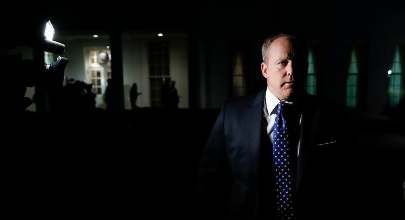 The White House press secretary, Sean Spicer, walking from the West Wing of White House on Tuesday to speak with reporters.