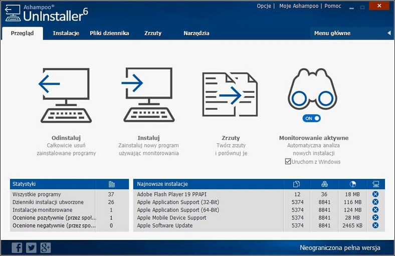 Główne okno programu do deinstalacji oprogramowania - Ashampoo Uninstaller 6