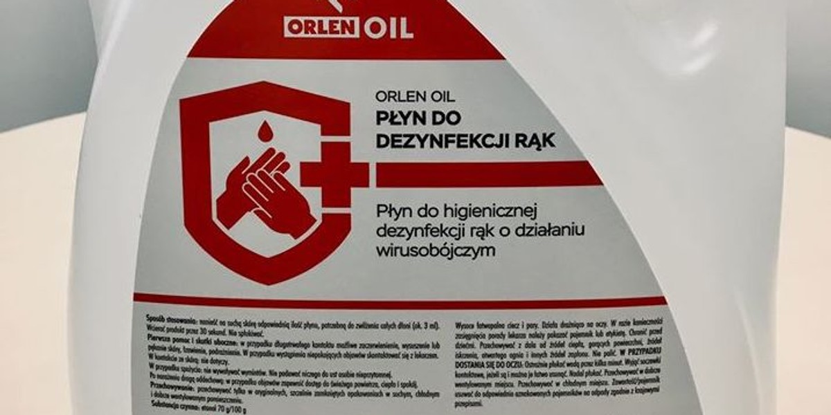 Orlen w kwietniu planuje wyprodukować 5 mln litrów płynu do dezynfekcji rąk