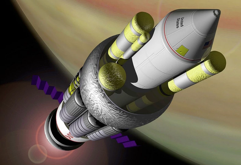 Artystyczna wizja statku napędzanego silnikiem atomowym wg NASA