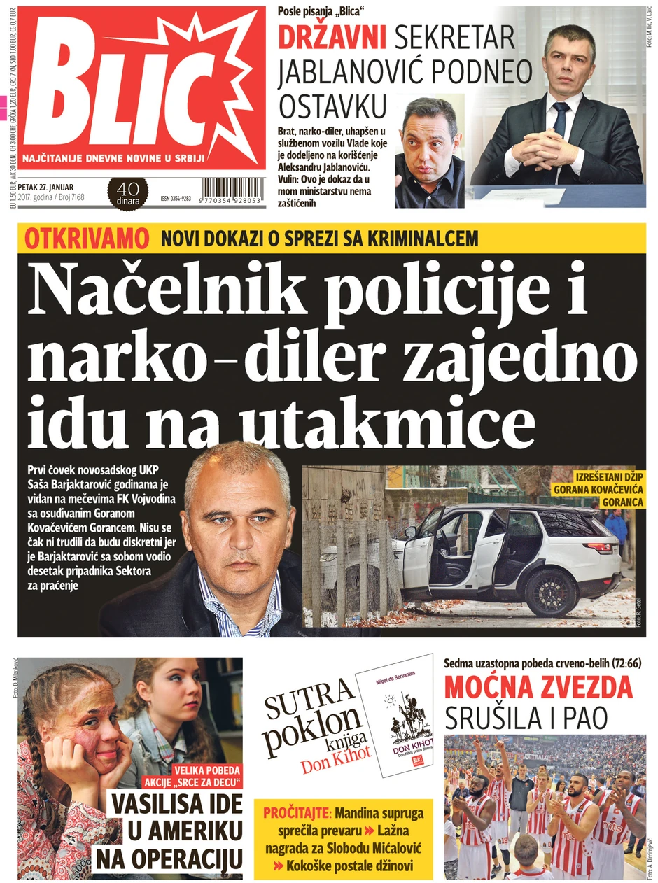 Jedna od dve naslovne strane "Blica" zbog kojih bi načelnik novosadske policije mogao da bude smenjen već posle vikenda