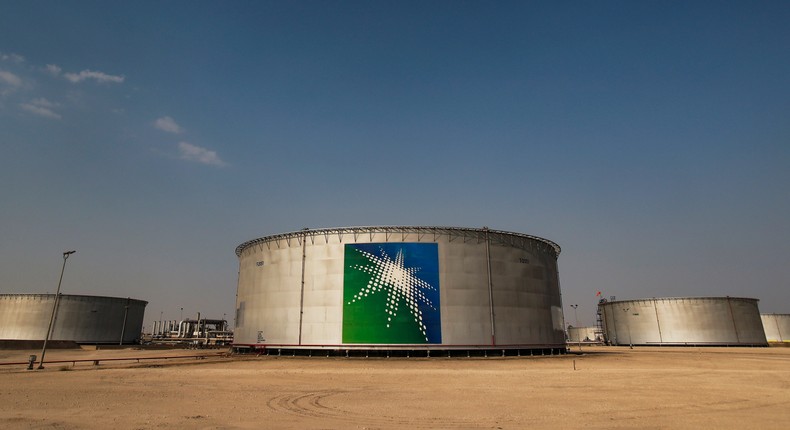 Branded oil tanks at a Saudi Aramco oil facility in Abqaiq.
