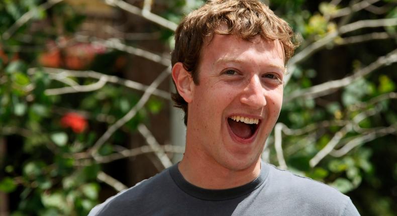 Mark Zuckerberg, Facebook CEO and founder laughs outside the Sun Valley Inn in Sun Valley, Idaho July 9, 2009.