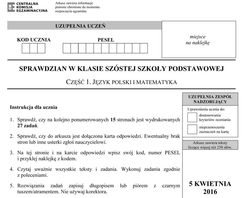 Arkusze ze sprawdzianu szóstoklasisty 2016 - język polski i matematyka