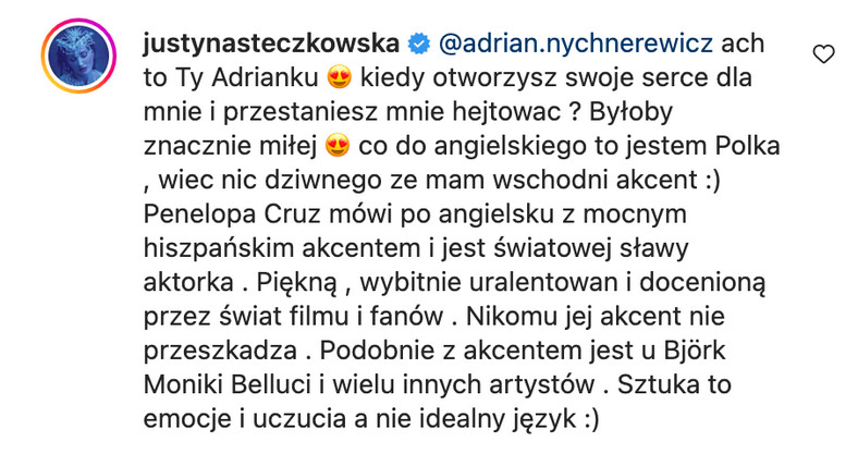 Justyna Steczkowska odpowiada na zaczepkę na Instagramie