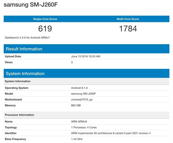 Samsung SM-J260F z Android Go w bazie Geekbench