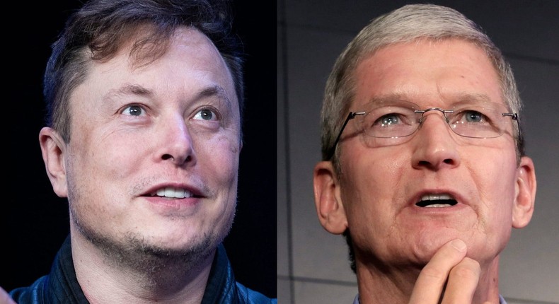 Elon Musk, left, and Tim Cook.