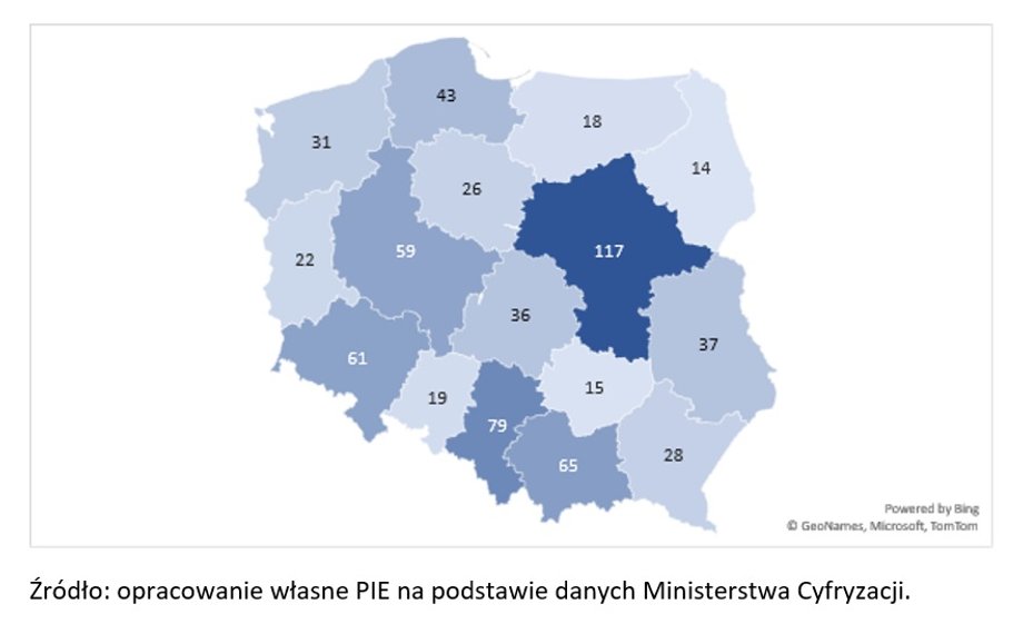 Uchodźcy ukraińscy z nadanym numerem PESEL według województw (w tys.)