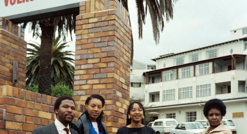 File picture from November 1985 at the height of the apartheid era: Winnie Madikizela-Mandela with her daughters Zenani, centre, and Zindzi, left, visiting Nelson Mandela after he underwent surgery in a Cape Town hospital