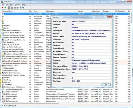 ShellExView pokazuje informacje o wszystkich rozszerzeniach menu kontekstowego w systemie.