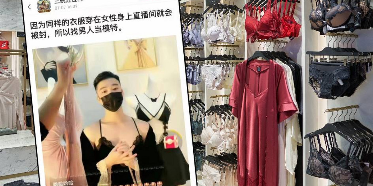Mężczyzna reklamuje damską bieliznę w transmitowanych na żywo zakupach online w Chinach (@xiaojingcanxue/Twitter). Sklep z bielizną w Shenzhen w Chinach. 