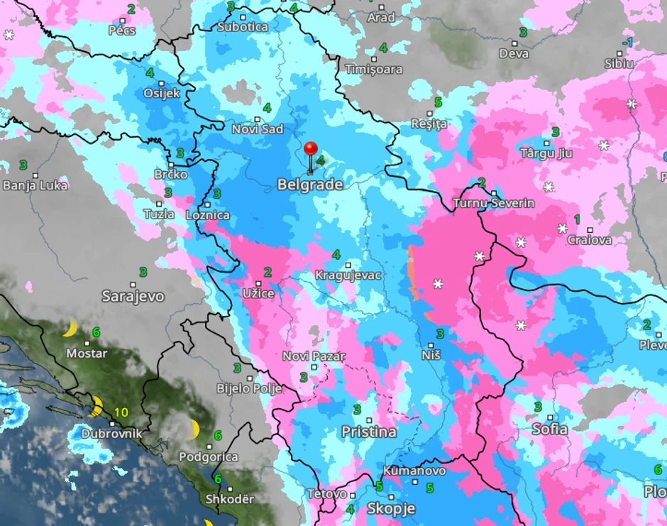 Kretanje kiše i snega sutra u 23 časa