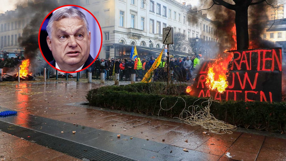 Niektórzy rolnicy podpalili opony i transparenty w pobliżu wejścia do budynku Parlamentu Europejskiego podczas akcji protestacyjnej. Demonstranci domagają się lepszych warunków do uprawy, produkcji i utrzymania odpowiednich dochodów, 1 lutego 2024 r. W kółku Viktor Orban, premier Węgier