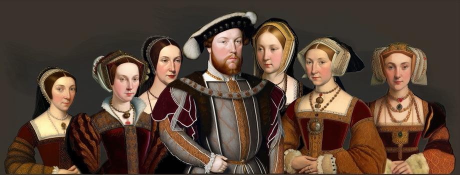 Henryk VIII i jego sześć żon: Katarzyna Howard, Katarzyna Parr, Anna Boleyn, Katarzyna Aragońska, Jane Seymour i Anna z Kleve