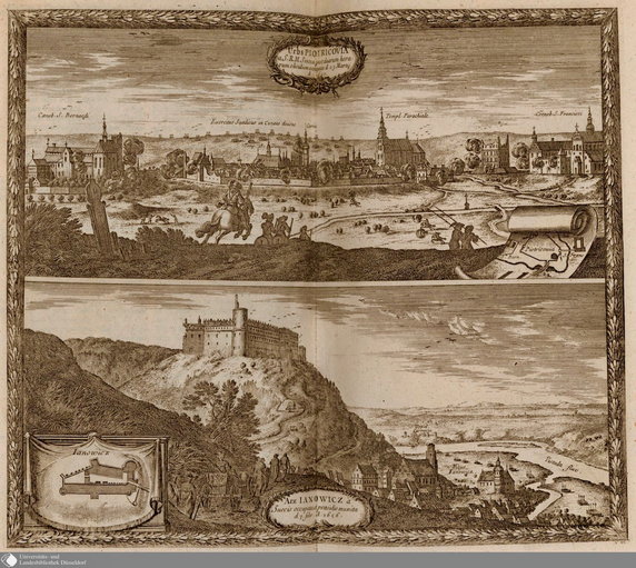 Mapa szwedzka przedstawia miedzioryt autorstwa szwedzkiego inżyniera, Erika Dahlberga, który w 1656 r. przybył do Janowca wraz z wojskami szwedzkimi. Dzięki temu wiemy, jak wtedy wyglądało miasteczko. Niestety, przy okazji Szwedzi mocno złupili zamek i samo miasteczko - wyposażenie zamku, w tym meble - dziś są w szwedzkich muzeach.