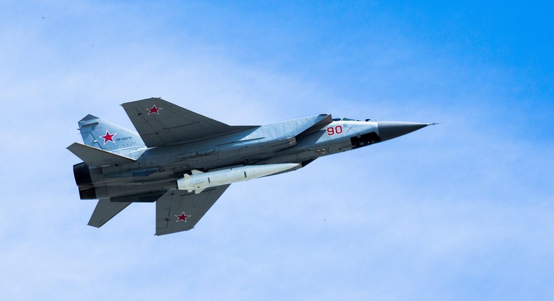 A Russian Air Force MiG-31K jet carries a high-precision hypersonic aero-ballistic missile Kh-47M2 Kinzhal during the Victory Day military parade to celebrate 73 years since the end of WWII and the defeat of Nazi Germany, in Moscow, Russia, Wednesday, May 9, 2018.